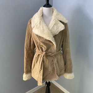 Wilson’s Leather suede double breasted coat faux fur lining cuffs L Penny Lane